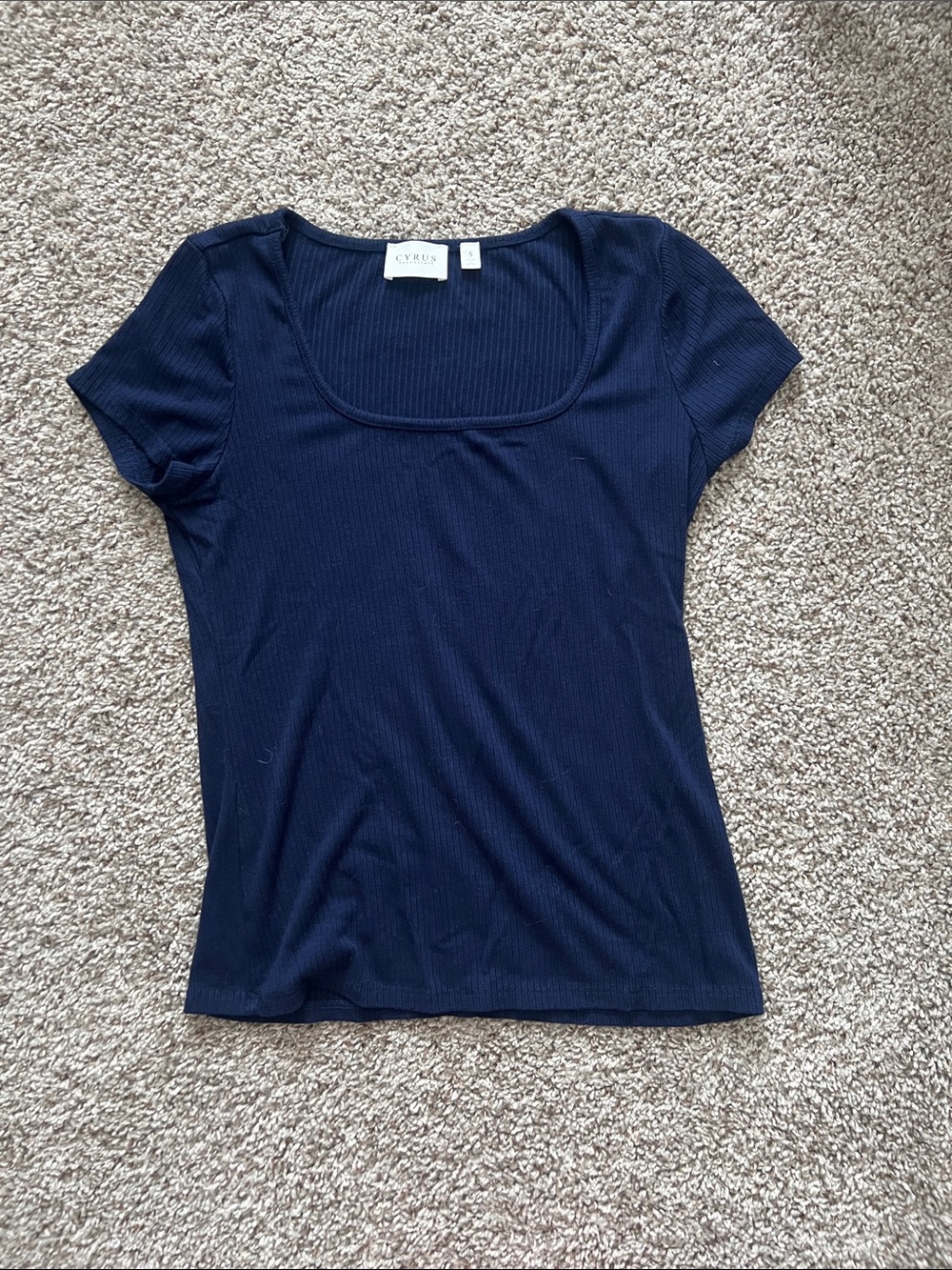 Cyrus Dark Navy Ribbed Scoop Neck Short Sleeve Top